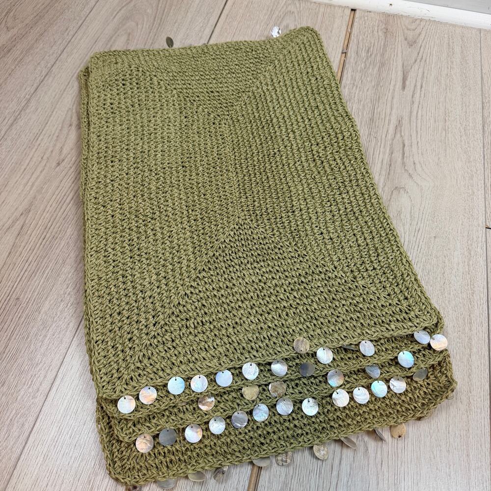 Crochet Placemat Set of 4 Mother of Pearl Accents Olive Green Boho Beach Dining